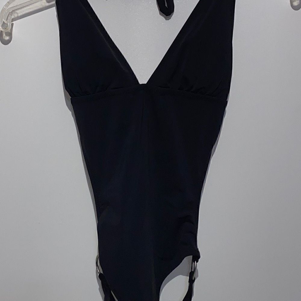 Aero Women's Black One-Piece Cheeky Silver Ring Hardware Halter Swimsuit Size SP